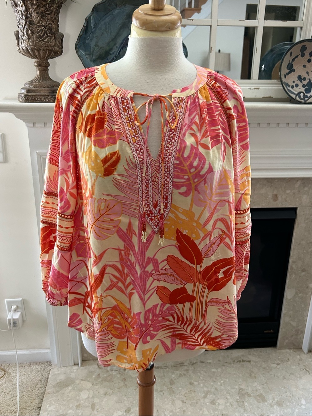 Haute Hippie Tropical Floral Split-Neck Tunic in Pink, Coral & Yellow